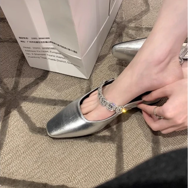 4cm内增高~法式方头一字带浅口水钻百搭穆勒半拖鞋女玛丽珍