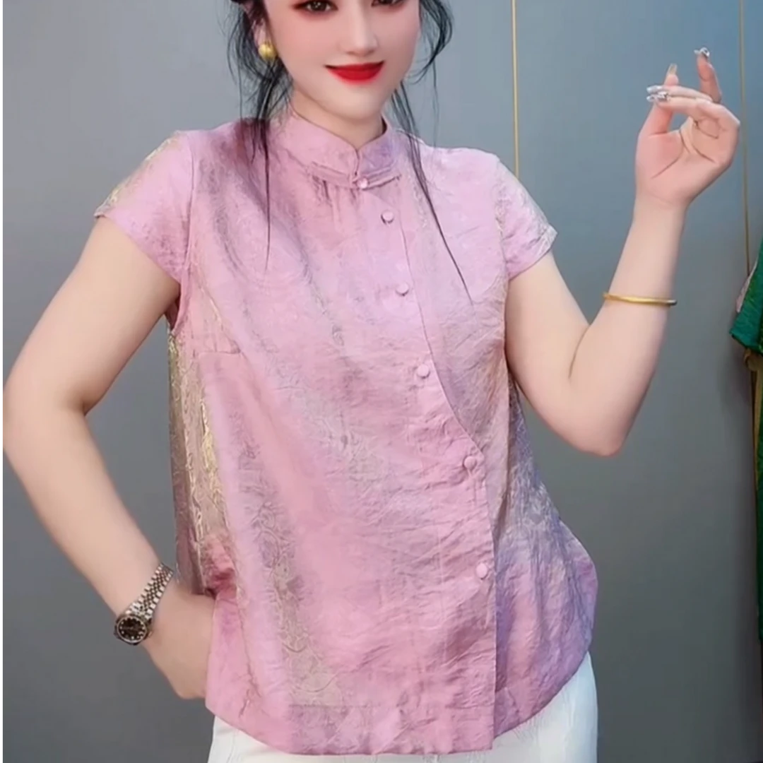 T恤短袖立领抗皱网红夏季新中式民族风复古常规染色粉色