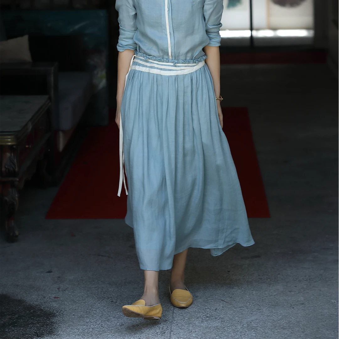 【杜小小】文艺时尚腰部织带拼接设计气质休闲苎麻显瘦半身裙886