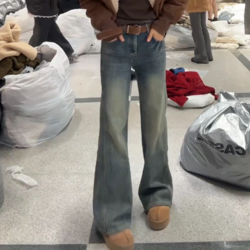 时尚百搭高腰加厚加绒微喇叭牛仔裤女蓝色修身长裤LK2508525