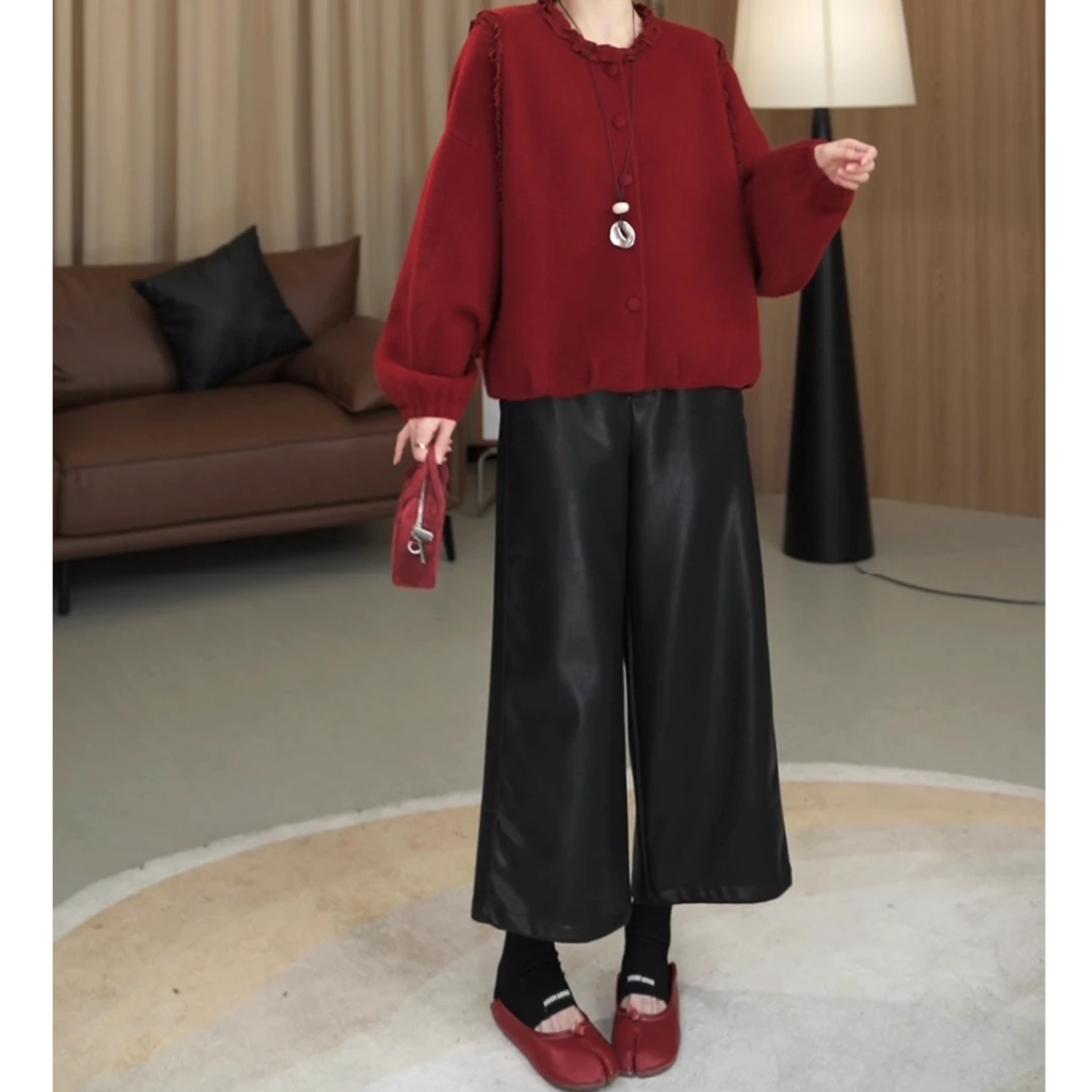 【薇薇绮】高级感PU皮裤女秋冬大码显瘦高腰九分阔腿裤E487