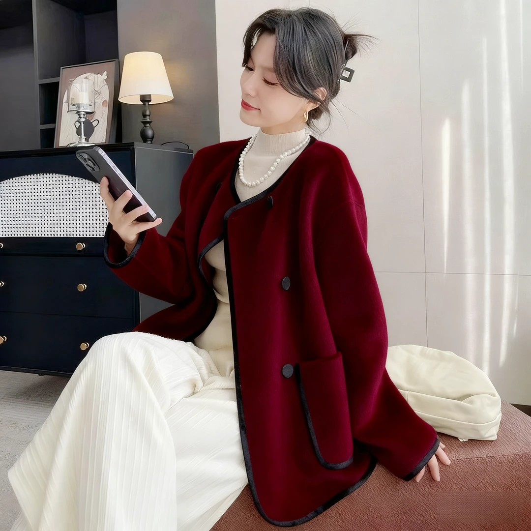 秋冬时尚拼接撞色短款时尚欧若风毛呢外套2721