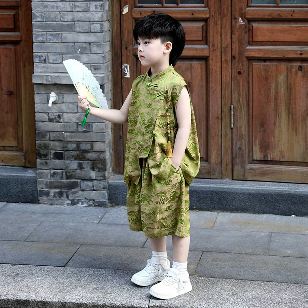 男童夏季休闲风中国风男山水单排扣套装洋气休闲夏季男童套装
