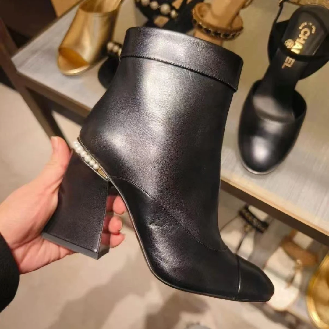 未使用 Chanel/香奈儿 黑色珍珠高跟短靴 38.5