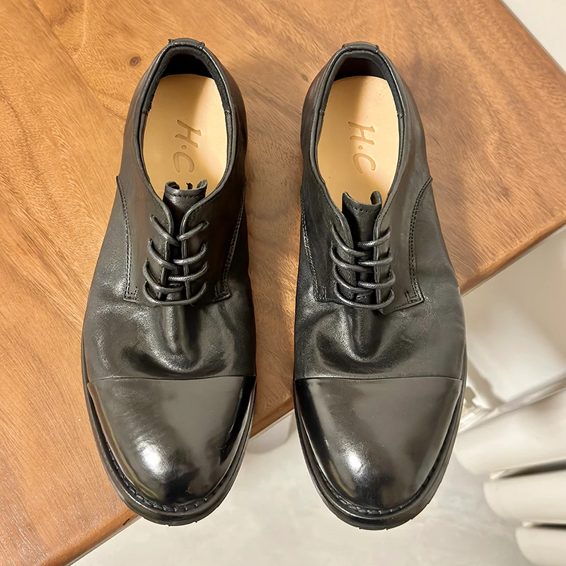 水洗软底马皮皮鞋男真皮手工鞋三接头复古咖啡色翘头休闲正装皮鞋