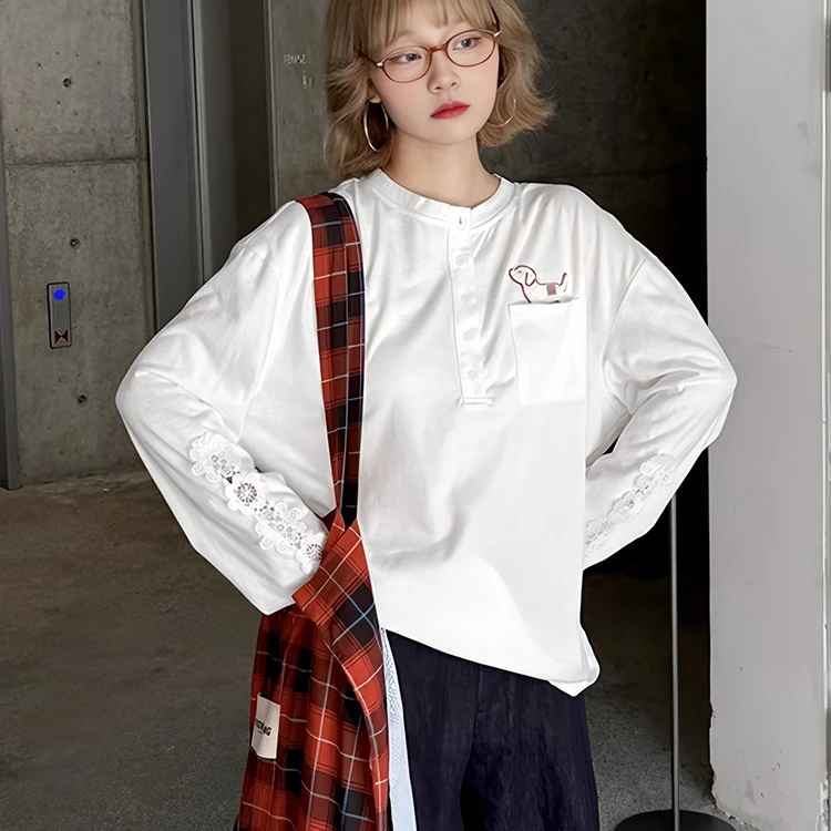 美式白色蕾丝拼接防晒罩衫t恤女秋2025新款薄款外搭宽松长袖上衣