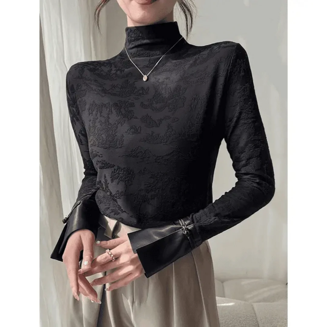 中式风针织打底衫小个子显瘦百搭修身半高领