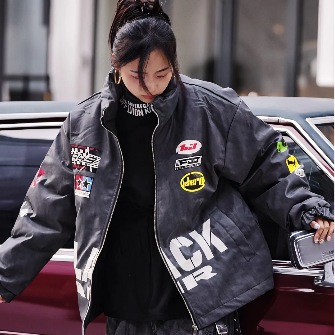 机车皮衣羽绒服男女加厚保暖冬季潮牌白鸭绒外套情侣羽绒夹克