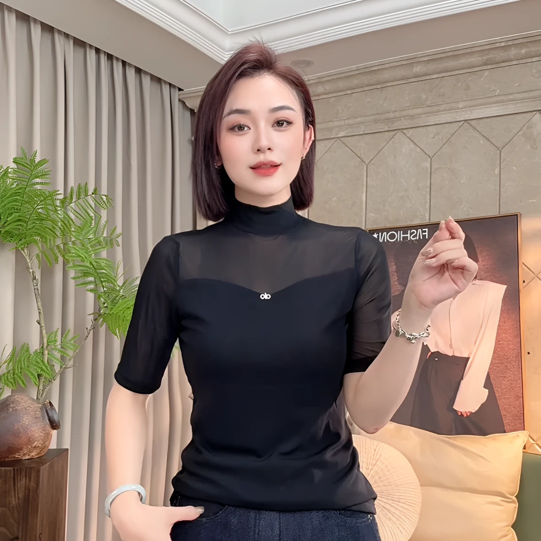 依骊汇早秋中领打底修身显瘦网纱琥珀流光上衣7790