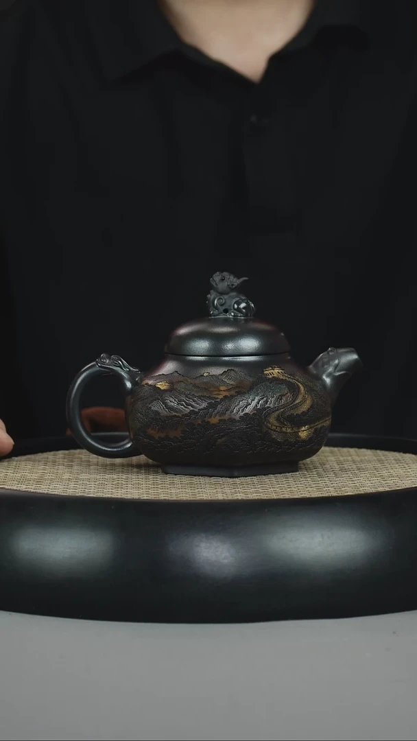 茶壶紫砂石黄 龙尊 彩刻山水