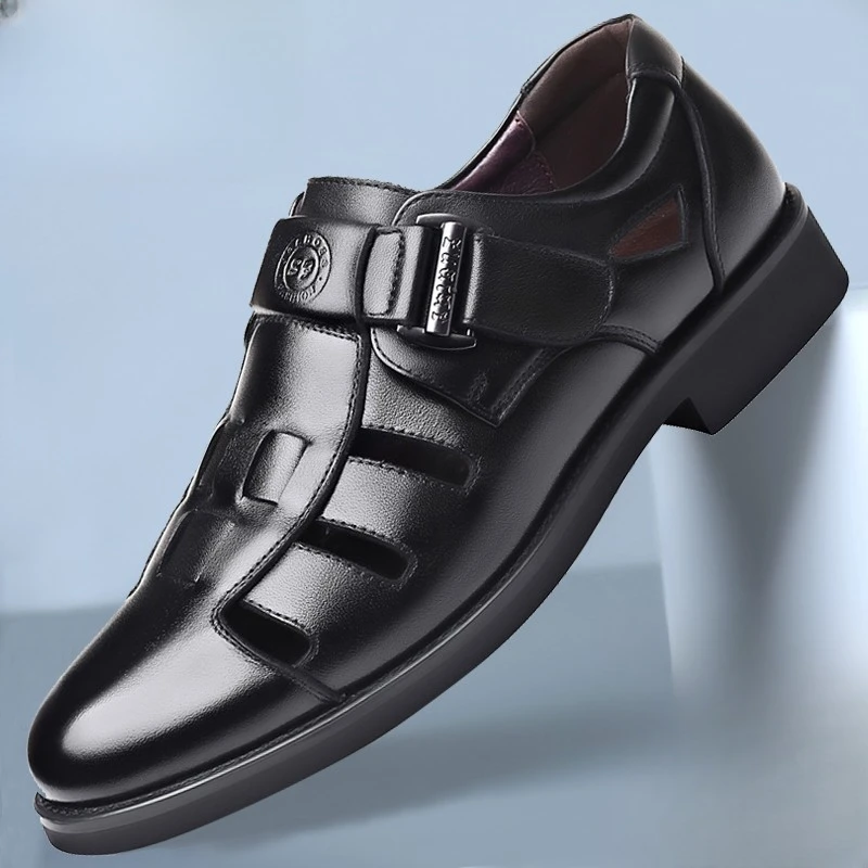 2025时尚新款夏季凉鞋男士软底洞洞皮鞋镂空透气爸爸鞋包头皮凉鞋