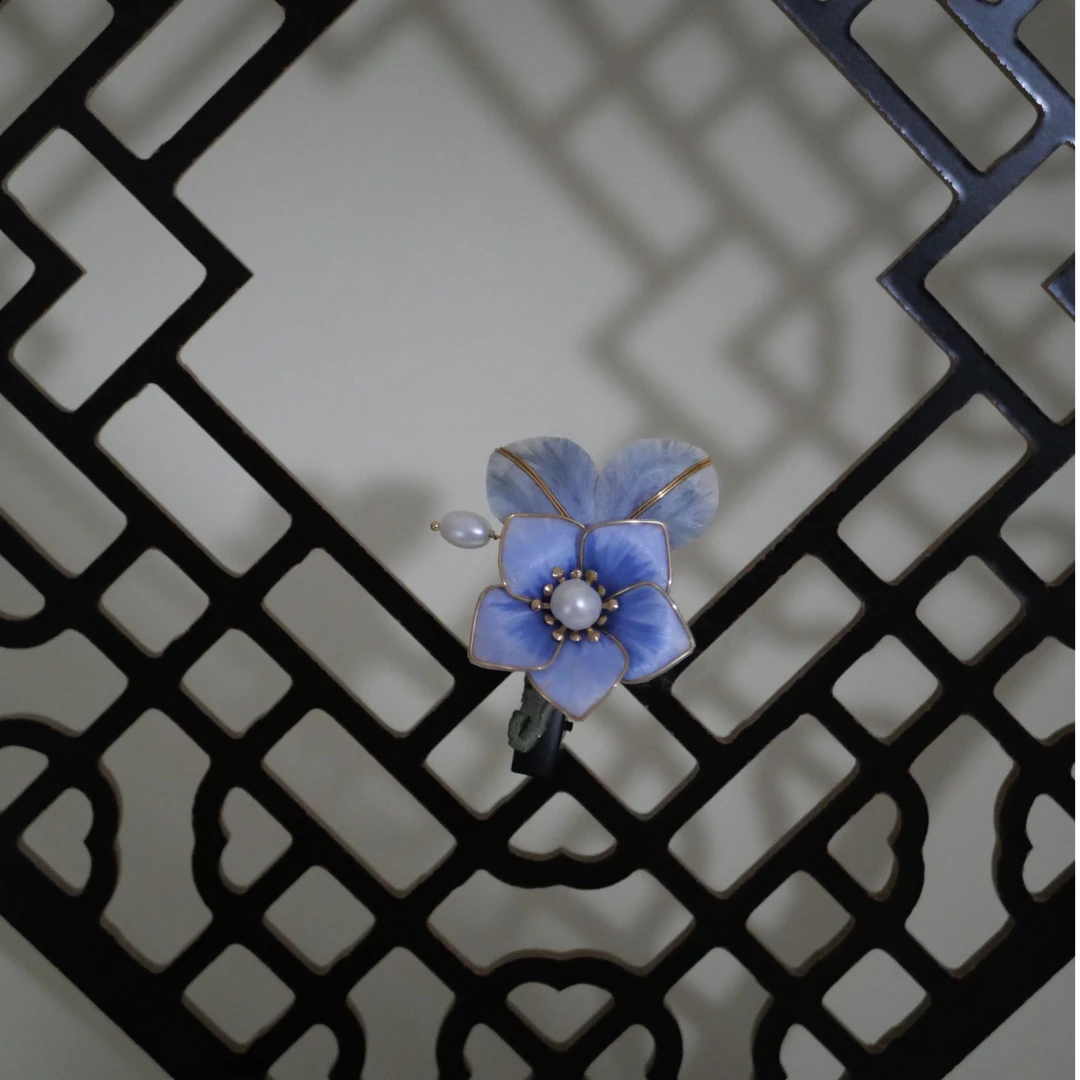 清月-蓝色掐丝绒花发夹-手工复古国风古风日常古典清新明制