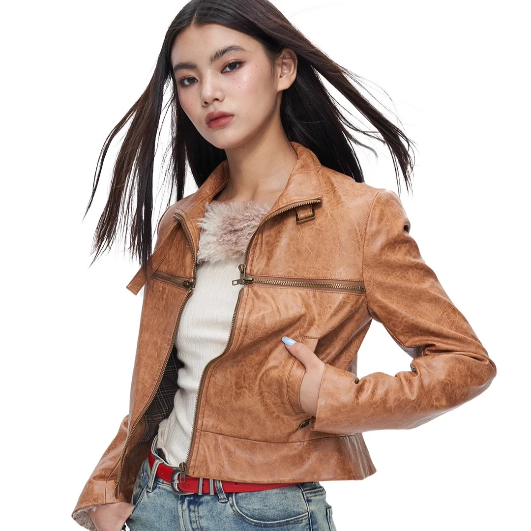 少百 NextPassport 2024秋冬 棕黄色十字拉链修身皮衣