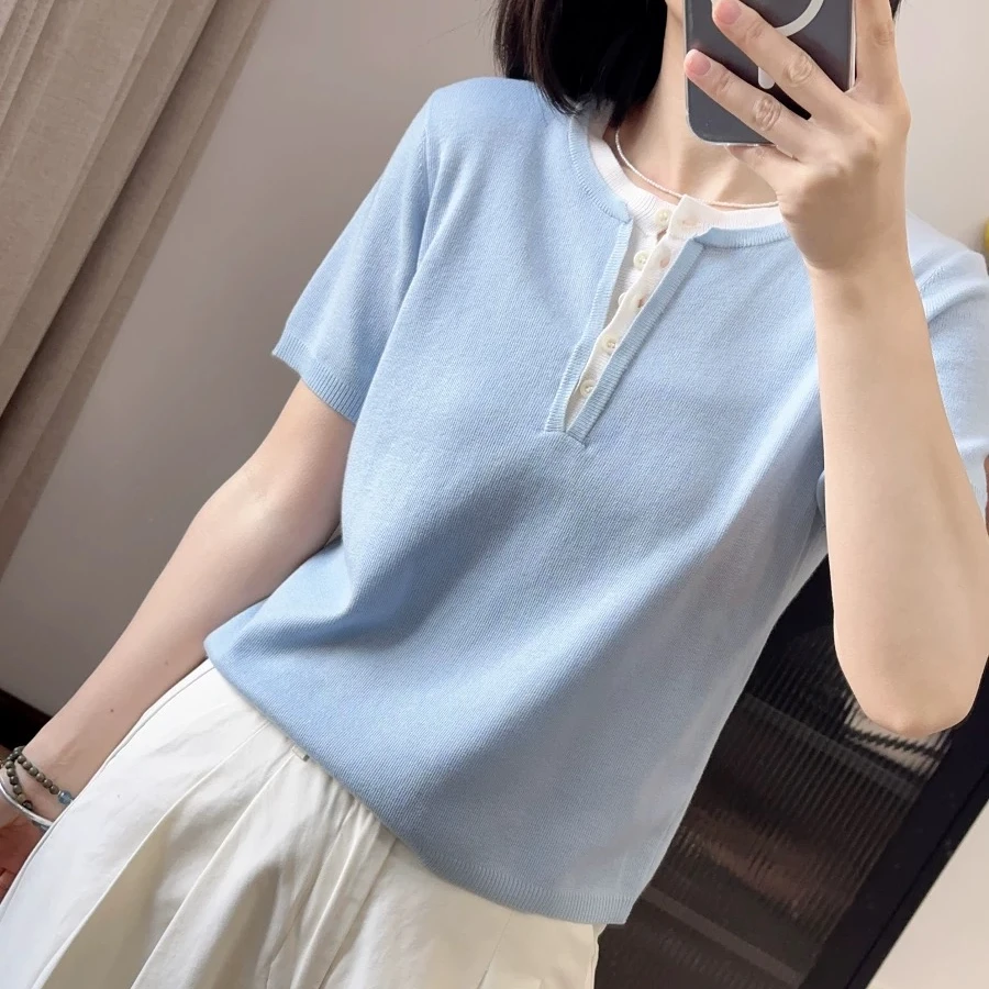韩版设计感假两件半开领莱赛尔针织短袖t恤女夏季薄款套头上衣潮