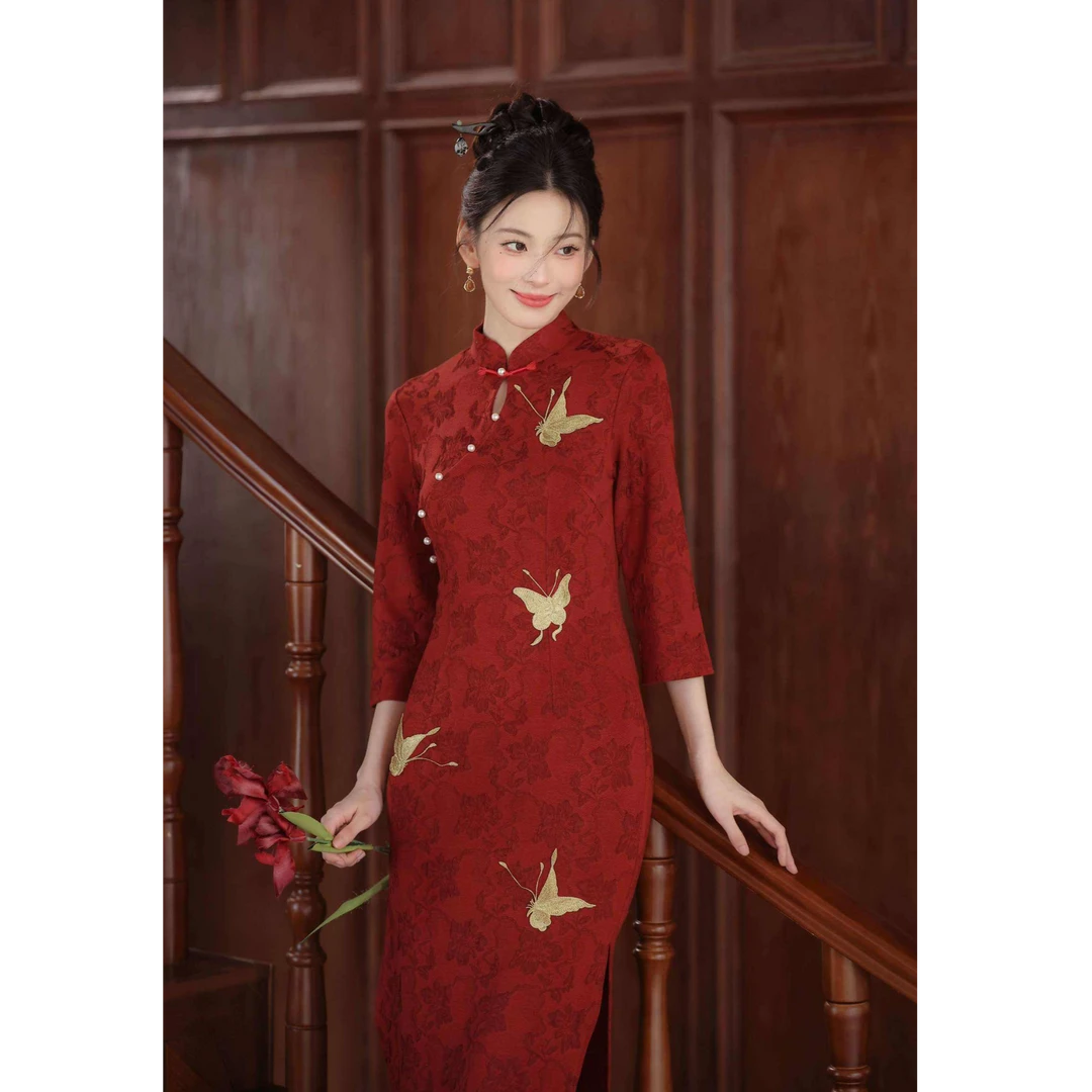 【喜相逢】 日常新中式低开衩中长裙立领旗袍少女红色订婚旗袍