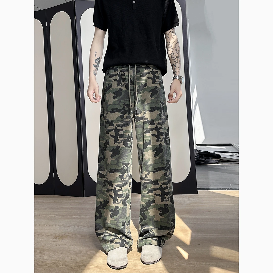 秋季水洗质感宽松百搭美式迷彩卫裤情侣长裤抽绳休闲裤拖地裤显瘦