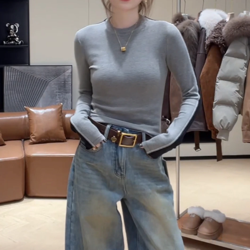 磨毛圆领拼色显瘦长袖打底T恤女冬季新款时尚百搭修身设计感上衣