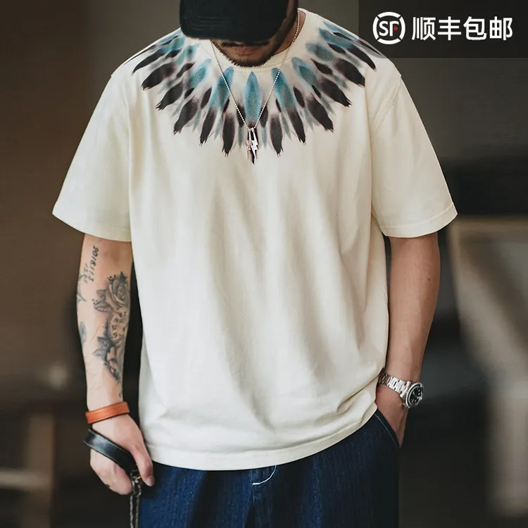 马登工装 美式重磅印第安羽毛印花短袖宽松T恤男夏轻奢痞帅男装