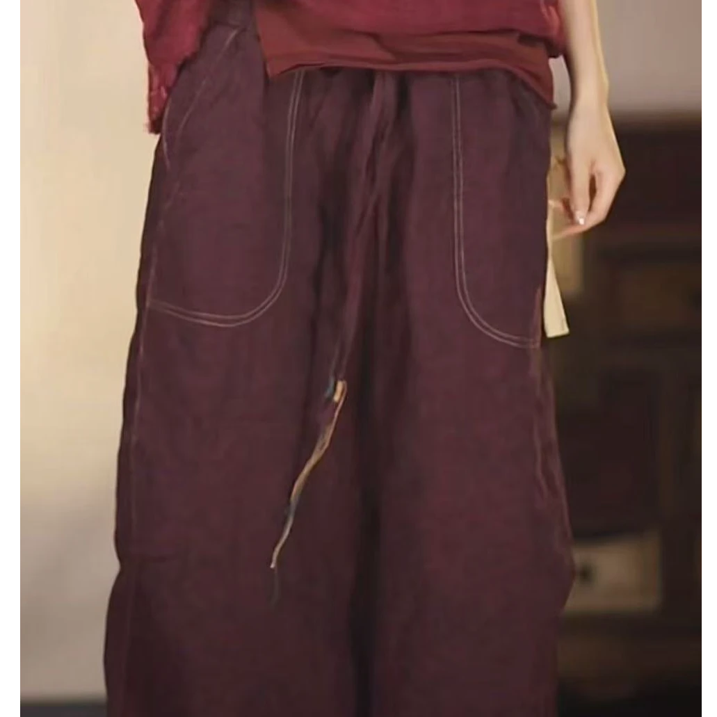 2025春季新款时尚百搭色织工艺亚麻交织多休闲手工裤2411119