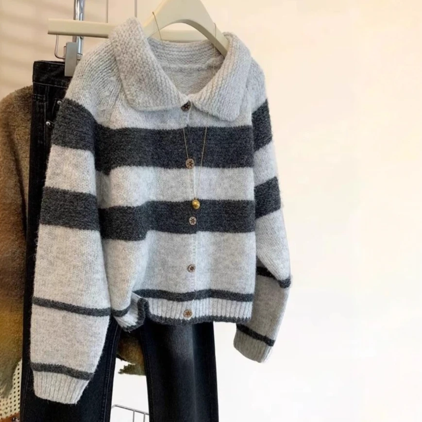 韩系复古撞色条纹翻领毛衣开衫外套女春季宽松慵懒风小个子针织衫
