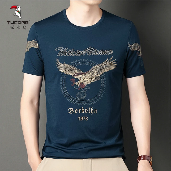 啄木鸟2025夏季新款短袖T恤男士潮流休闲烫钻印花圆领时尚百搭半