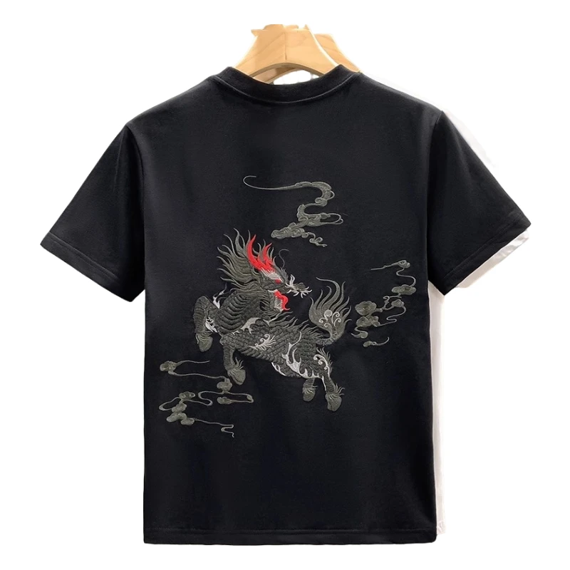 瑟图肖欧洲站时尚潮牌轻奢短袖T恤夏季男国潮麒麟刺绣休闲半袖T恤