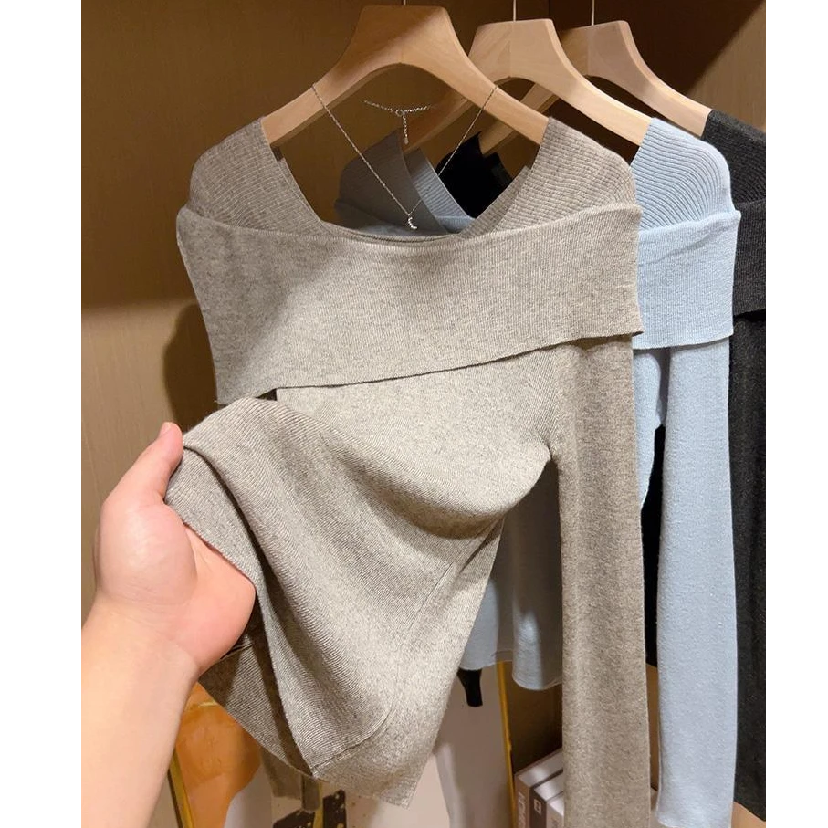 时尚高级设计感针织秋季新款一字肩修身早秋女法式慵懒长袖针织衫