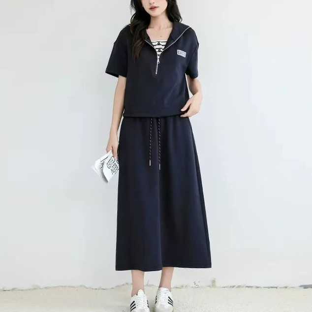 89076#2025新款时尚气质短袖上衣条纹吊带半身裙三件套套装