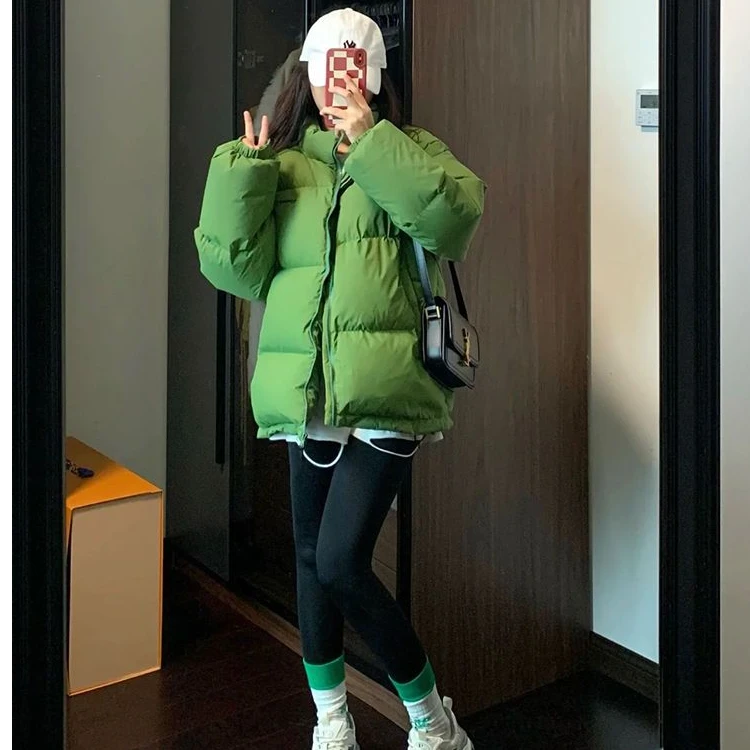 牛油果绿短款棉服加厚学生情侣款时尚休闲棉袄