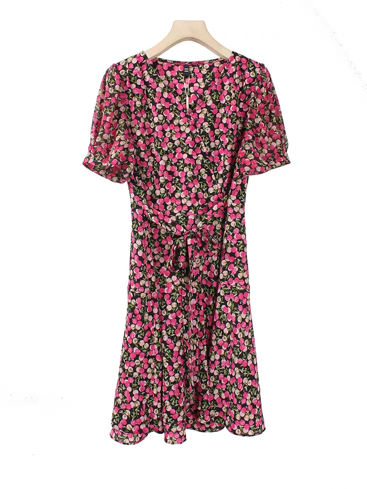 【艾丽莎定制夏法式V领泡泡袖侧身系带围裹连衣裙9600