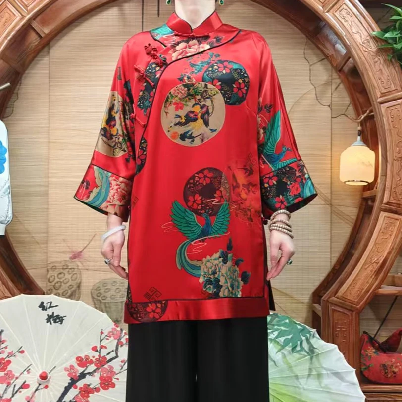 60姆米重缎100桑蚕丝香云纱凤舞九天全开襟立领时尚太太服新中式