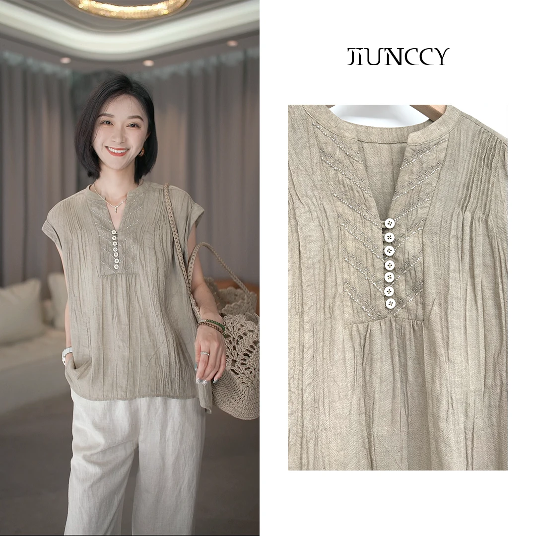 JIUNCCY【江暮】苎麻天丝肌理感褶皱V领半开襟前短后长上衣52YCY061