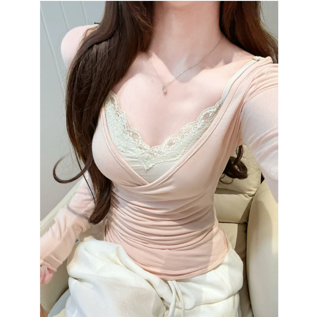 纯欲担当真两件蕾丝褶皱修身打底衫女秋季新款长袖修身显瘦内搭