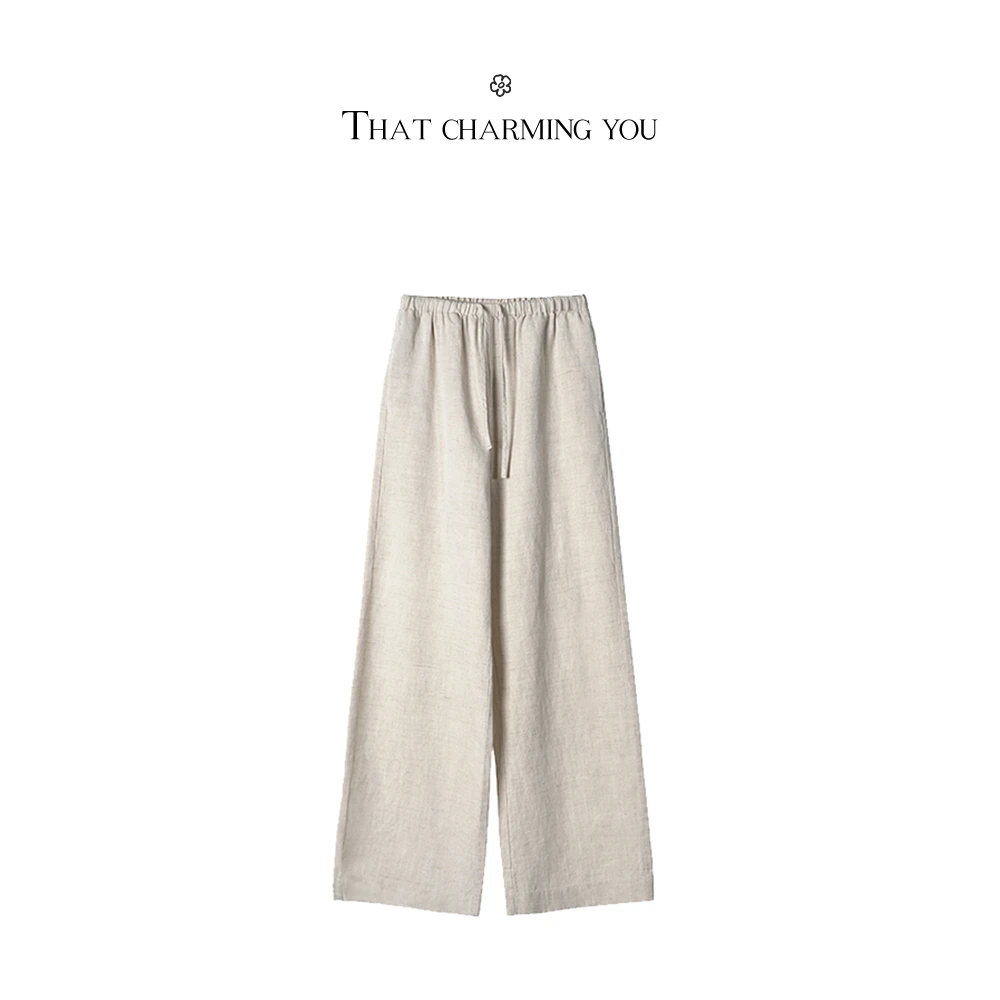 WAWA【随性亚麻】夏季天丝亚麻松紧腰衣服抽绳阔腿裤休闲裤1228