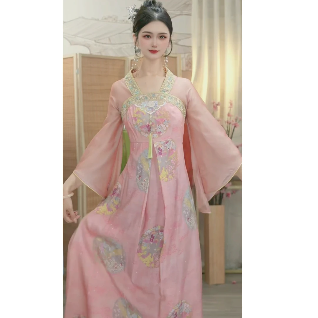 星多嫣2025春季新款中国风飘逸日常粉色长款连衣裙1497