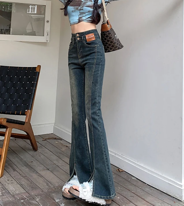 高腰微喇牛仔裤女开叉设计显瘦弹力修身喇叭裤小个子秋季微喇叭