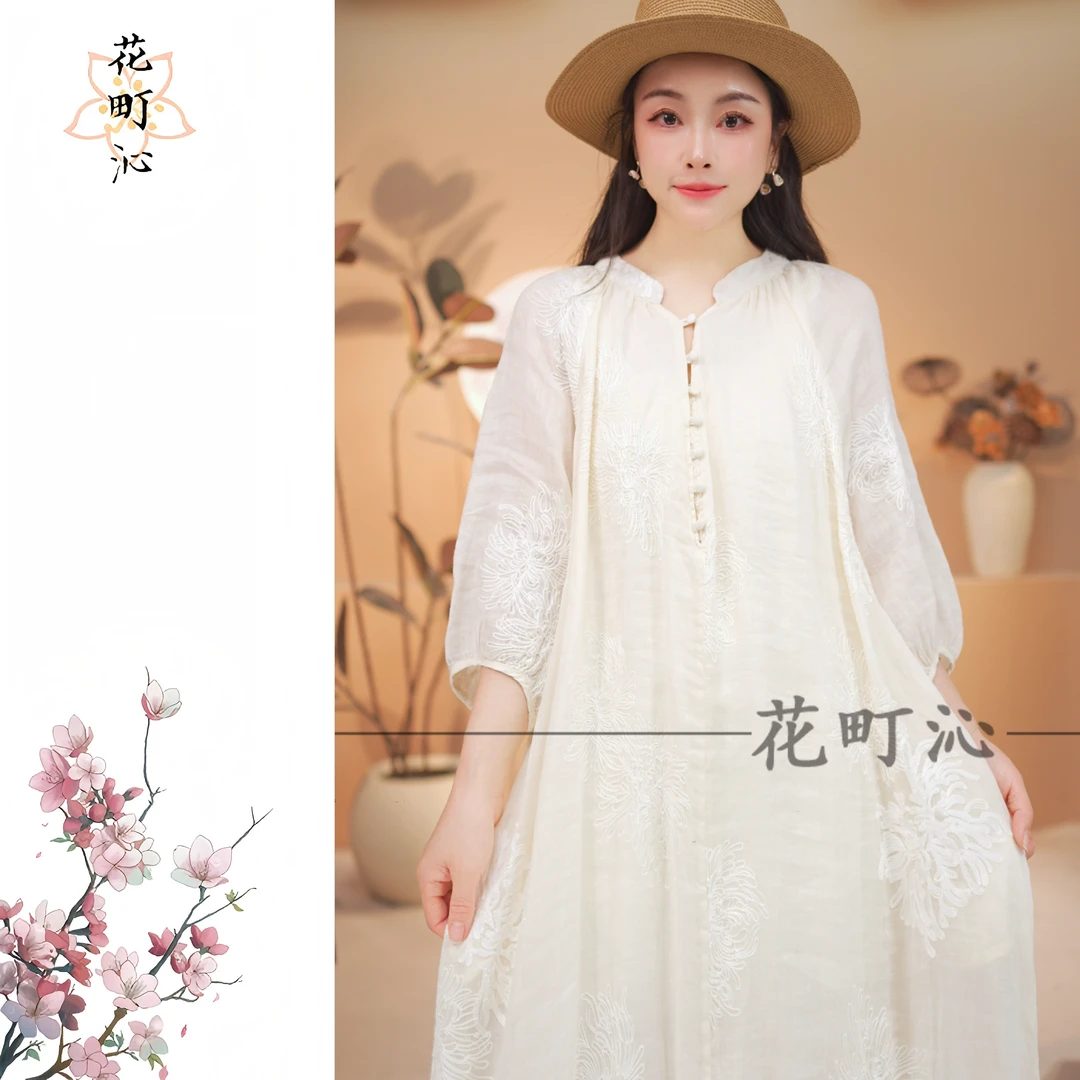 5027夏季国风刺绣复古百搭显瘦中长款设计气质苎麻连衣裙