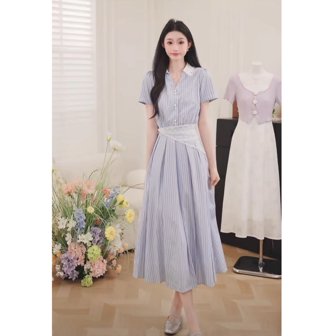 鹿向南【海畔恋曲】夏季新款韩系气质条纹女收腰衬衫裙DYL661804