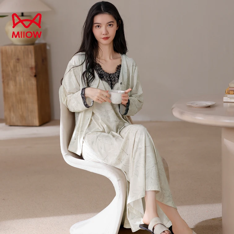 MiiOW/猫人套装女气质褶皱蕾丝衬衫女2025新款高腰显瘦长裙睡裙