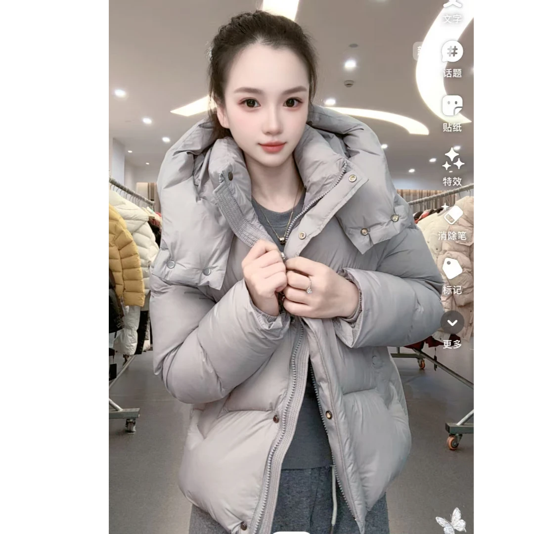 90白鸭绒厚款连帽短款长袖拼接拉链休闲白色加厚韩版1228
