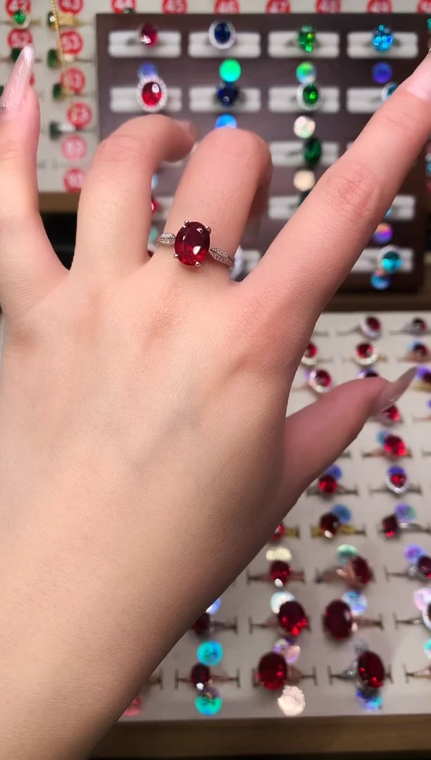 银S925镶嵌戒指红宝石8*10 酒红 银托