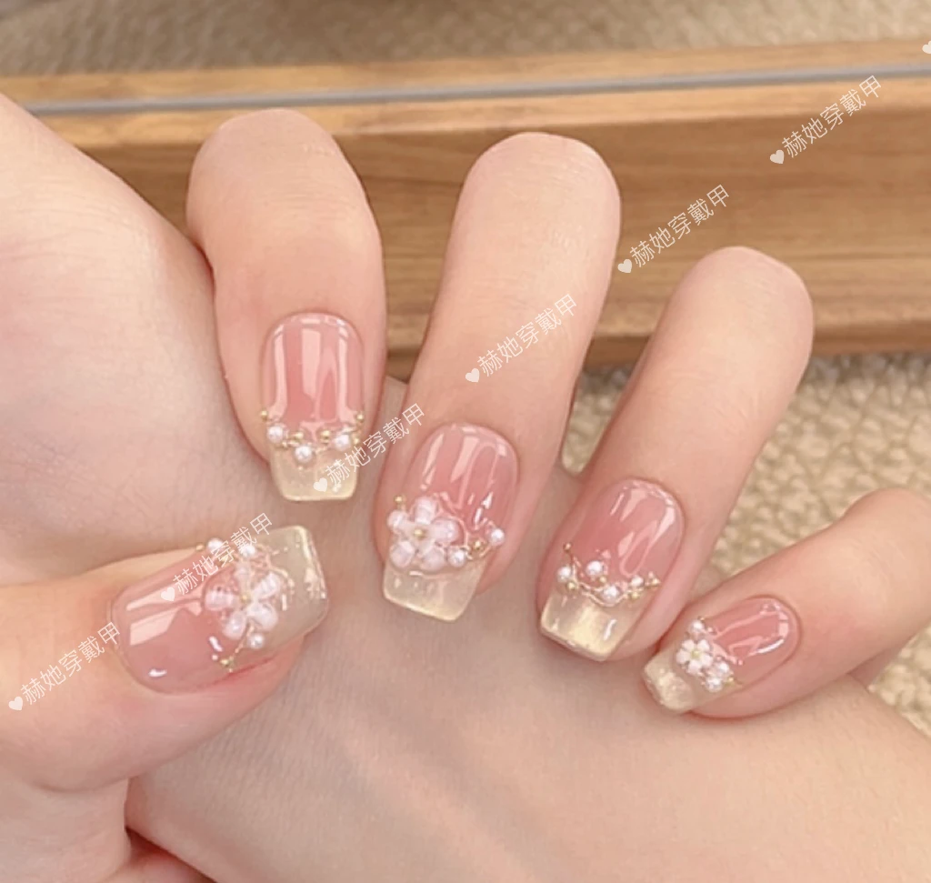 【樱花之约】早秋新款温柔千金溜边法式千金纯手工穿戴甲