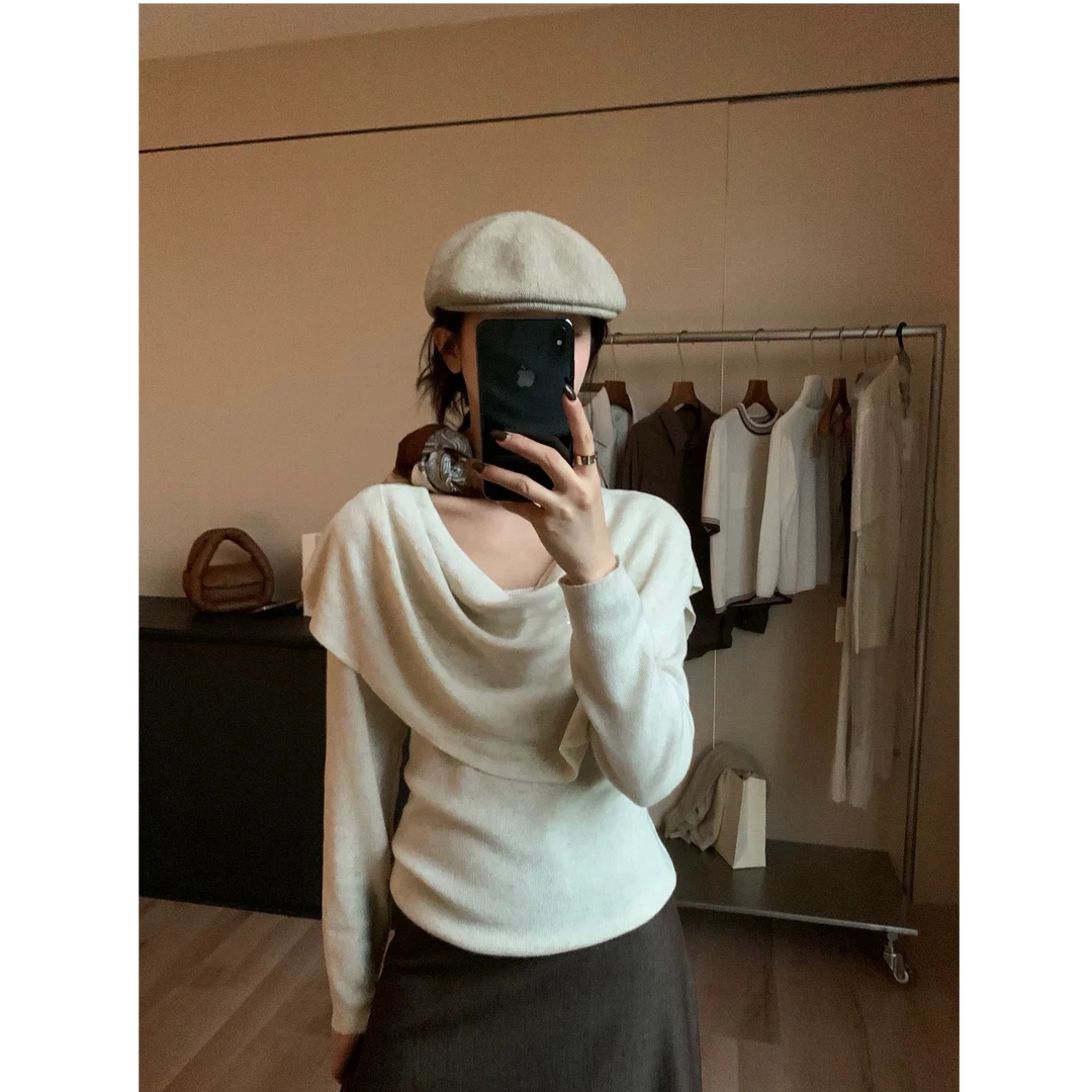 2025秋季上新简约日常通勤气质针织衫+荡领披肩两件套