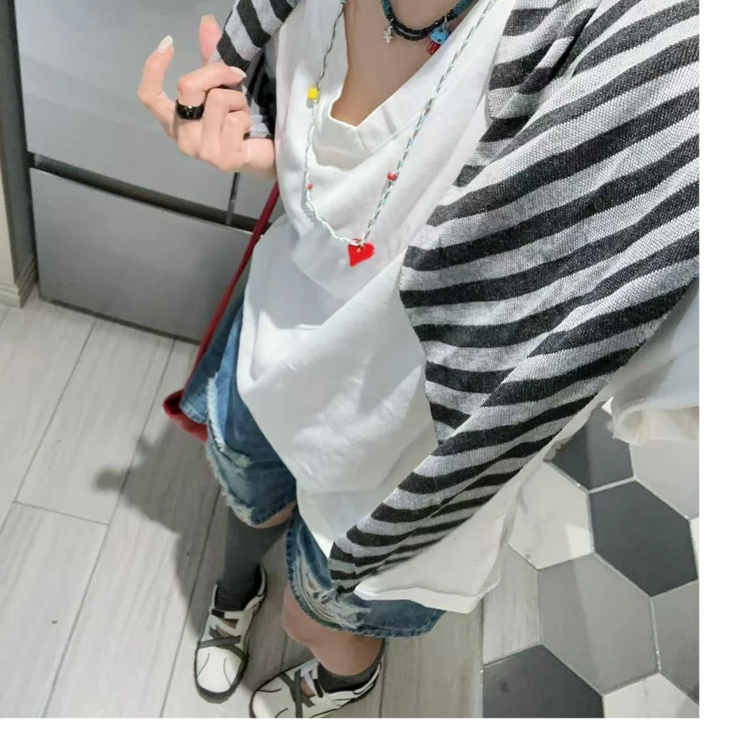 SISTERS白色短袖条纹披肩两件上衣百搭休闲显瘦