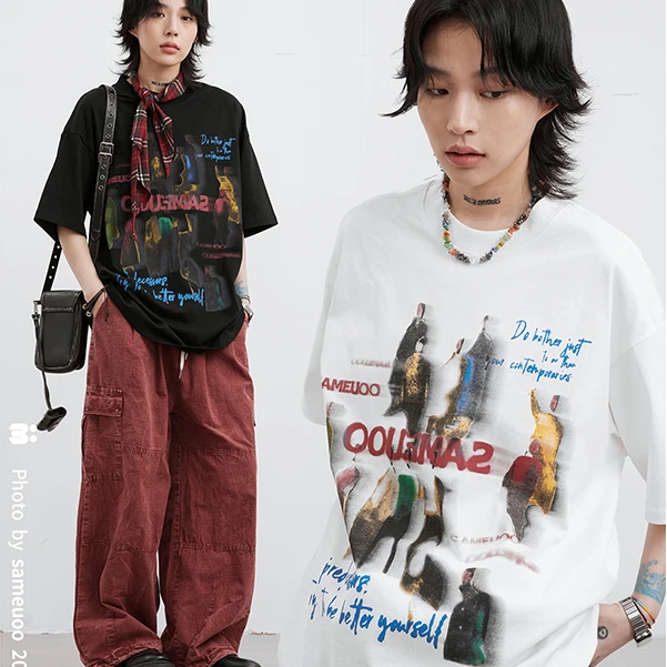 SAMEUOO散养文化美式复古人像短袖T恤男女款oversize百搭情侣上衣