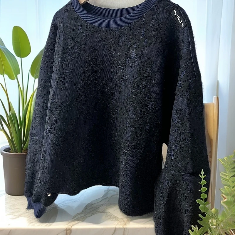 乐阳•choice欧货设计感长袖蕾丝印花卫衣女别致宽松百搭抽绳上衣