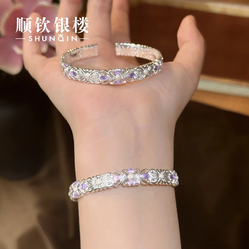 顺钦银楼 足银珐琅手镯 【风信紫手镯】足银999.9精美母亲节礼物