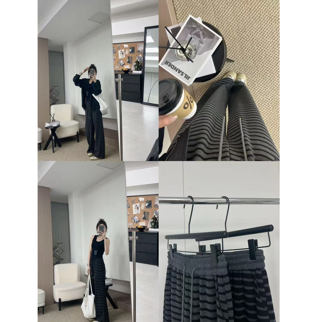 2587~【梨形快乐裤】遮胯显瘦撞色拼接条纹阔腿裤女春夏