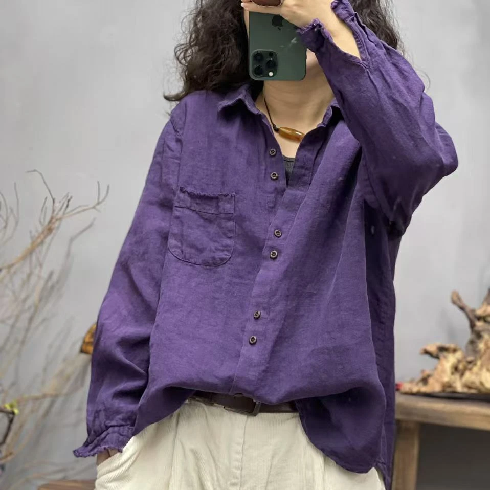 33 春季新品高织亚麻休闲百搭亮色文艺女士衬衫 胸围122长69