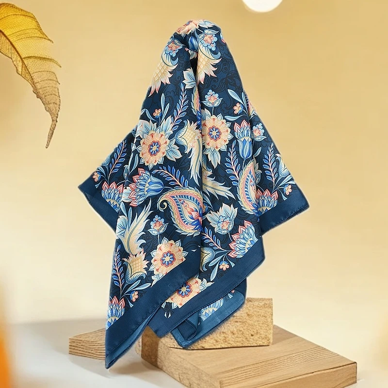 JeouLy藏青色丝巾女士气质春夏薄款腰果花包头百搭简约围巾丝巾